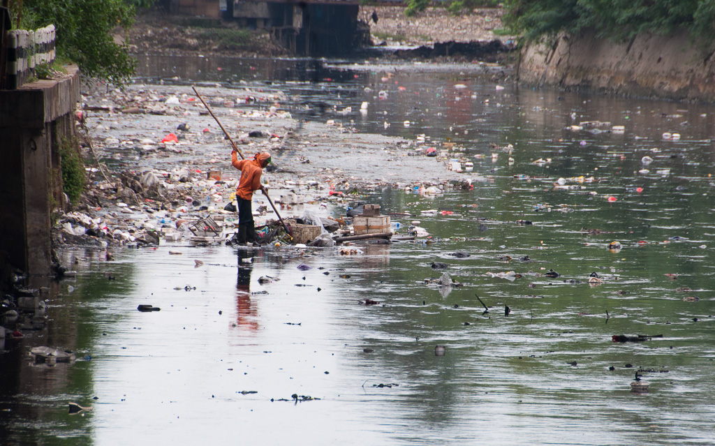 A man cleaning the black Kali Krukut.